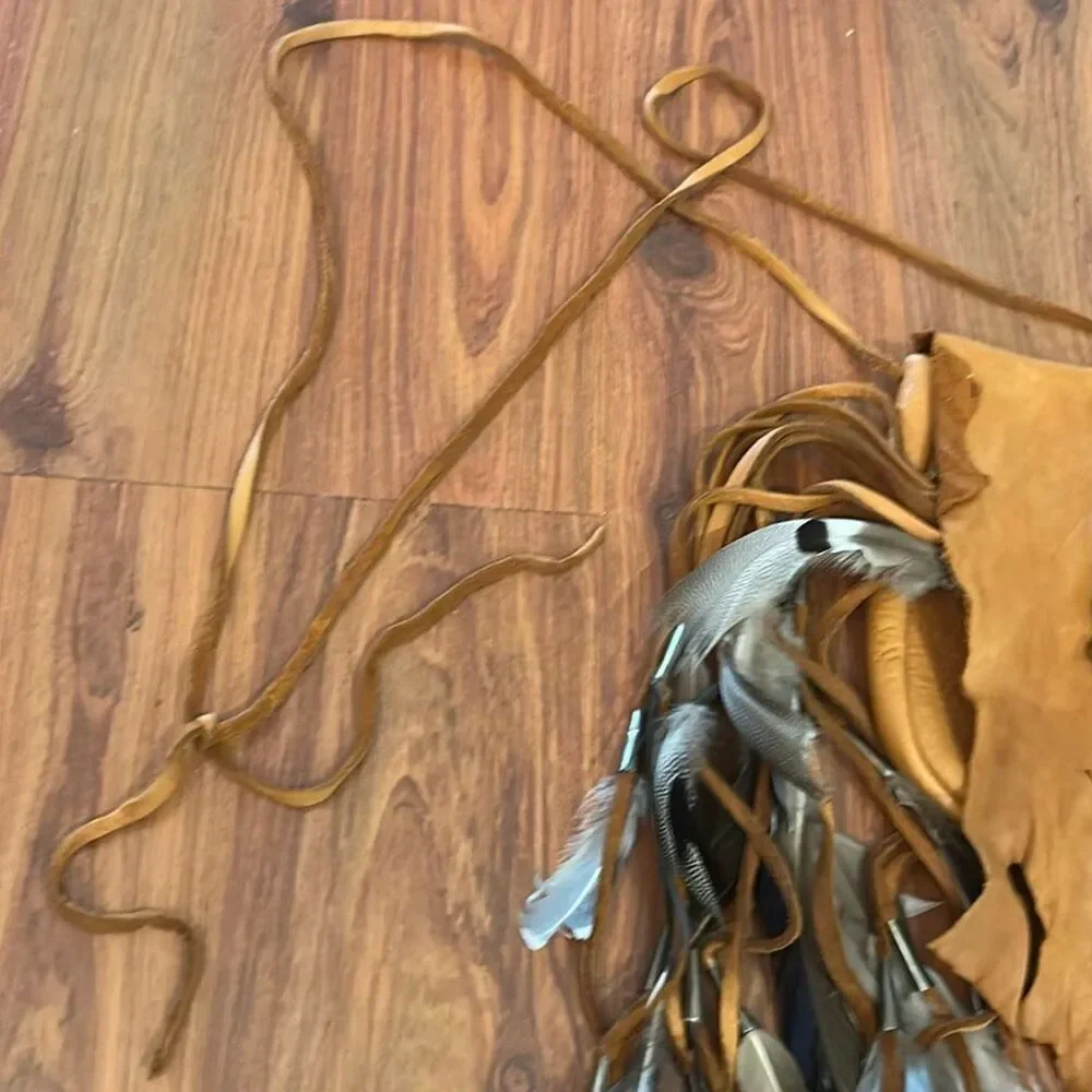 Native American vintage leather feather pouch tribal bag handmade